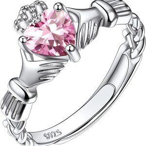 925 Sterling Silver Good Luck Celtic Twisted Knot/Claddagh Heart Birthstone Ring